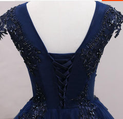 Navy Blue Tulle Beaded Knee Length Cap Sleeves Prom Dress