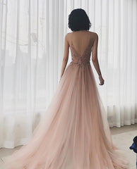 V-neckline Pink Beaded Tulle High Slit Straps Formal Dress