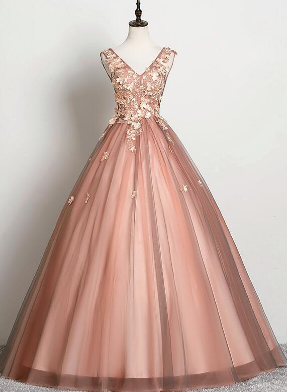 Hermoso vestido de fiesta de tul con escote en V en color rosa para dulces 16 