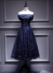 Vestido de dama de honor con hombros descubiertos y encaje azul marino, vestido formal azul 
