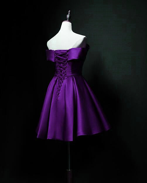 Purple Sweetheart Satin Off Shoulder Homecoming Dresses
