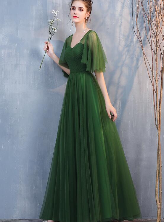 Vestido de noche largo formal de tul verde oscuro con corte A 