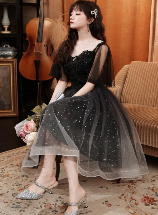 Black Tulle Gradient Short Sleeves Party Dress with Lace
