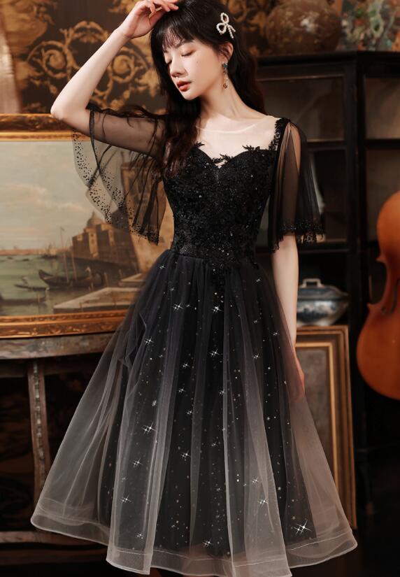 Black Tulle Gradient Short Sleeves Party Dress with Lace