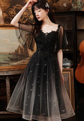 Black Tulle Gradient Short Sleeves Party Dress with Lace