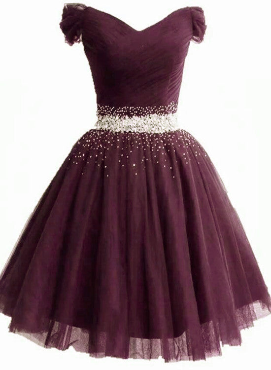 Maroon Off Shoulder Beaded Tulle Short Prom Dress Homecoming Dress