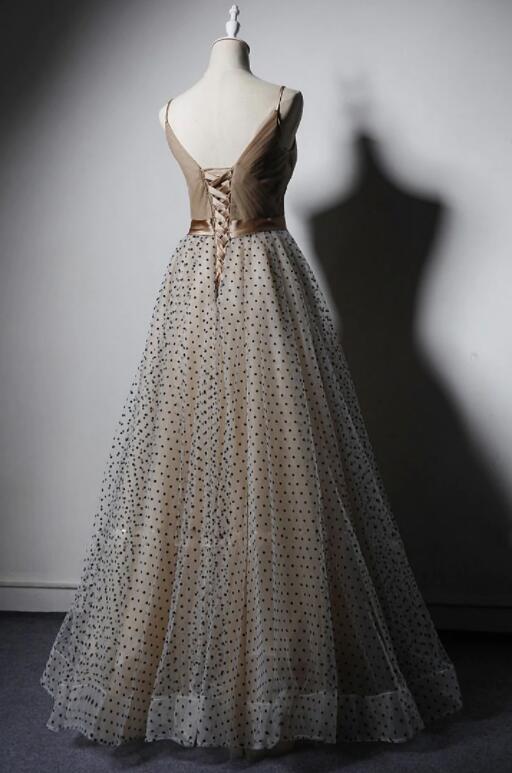 Champagne V-neckline Straps Long Party Dress Prom Dress