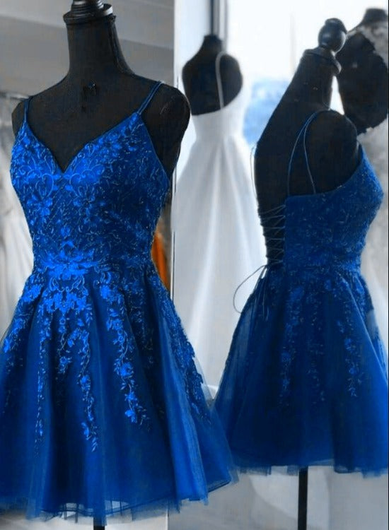 Blue Tulle with Lace Straps Short Homecoming Dress