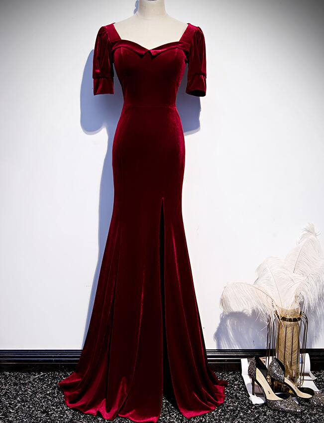 Wine Red Velvet Mermaid Long Evening Party Dresses