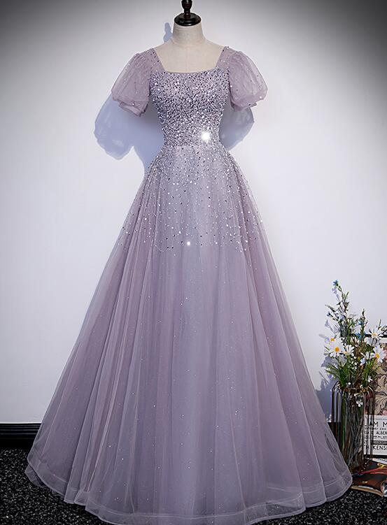 Beautiful Light Purple Sequins Short Sleeves Party Dress