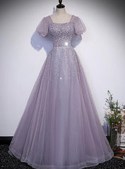 Beautiful Light Purple Sequins Short Sleeves Party Dress