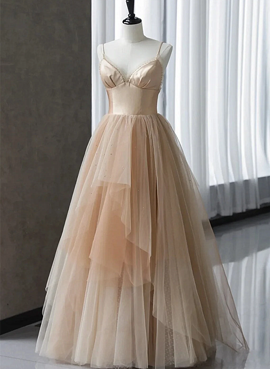 Champagne Tulle Gradient Tulle Straps Long Evening Dress