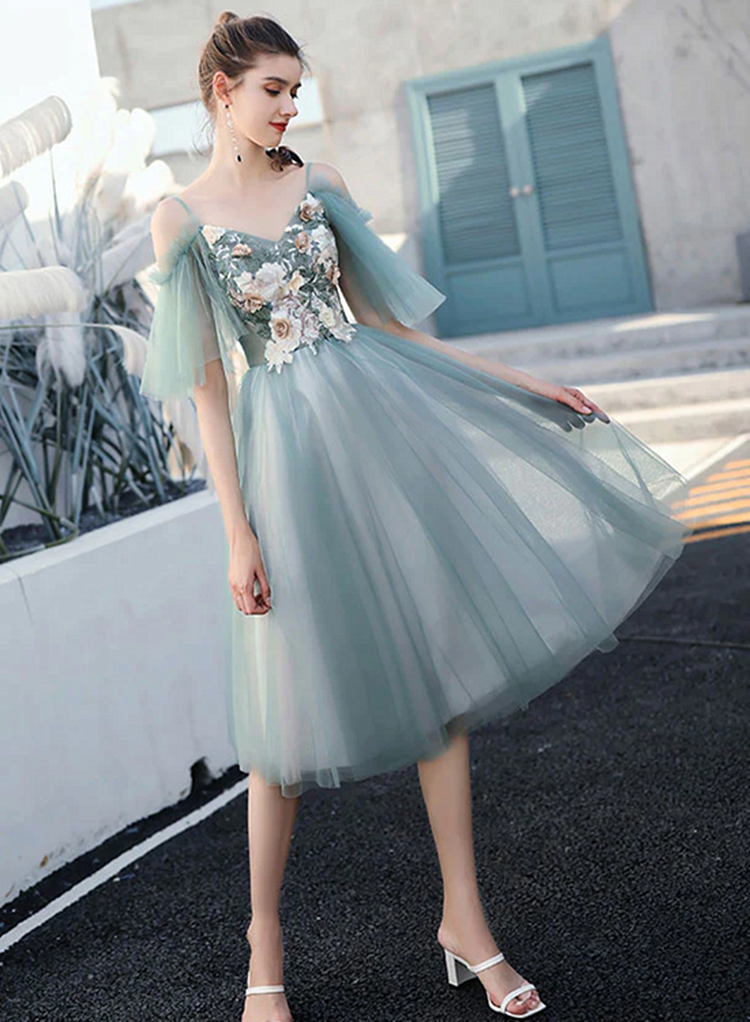 Green Tulle V-neckline Floral Tulle Knee Length Party Dress