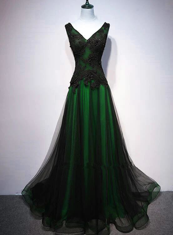 Vestido de fiesta largo con escote en V de tul negro y verde de Chaming 