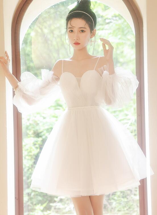 White Tulle Short Sleeves Homecoming Dress