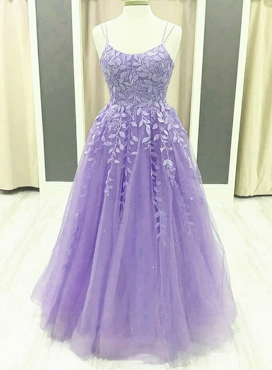 Lavender Spaghetti-Straps Lace Appliques Tulle Floor Length