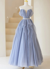 Blue Sweetheart Tulle Off-the-Shoulder Floor-Length Prom Dresses