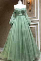 Vestidos formales de corte A con mangas abullonadas de tul verde 
