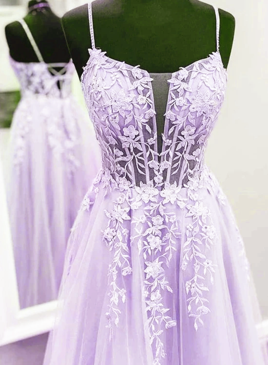 Lavender Lace Applique Tulle A-line Party Dress