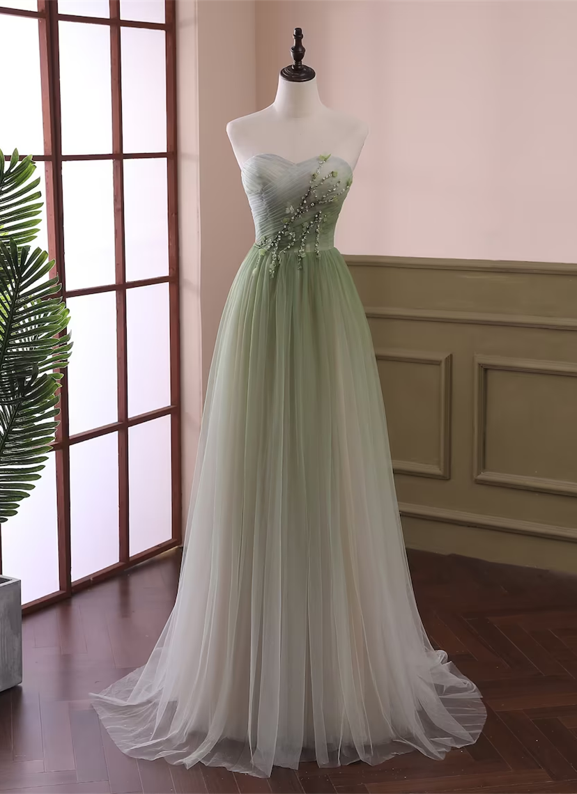 Vestido formal largo de tul degradado verde claro 