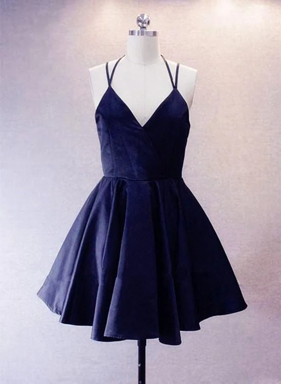 Vestidos de fiesta de satén con tirantes cortos azul marino 