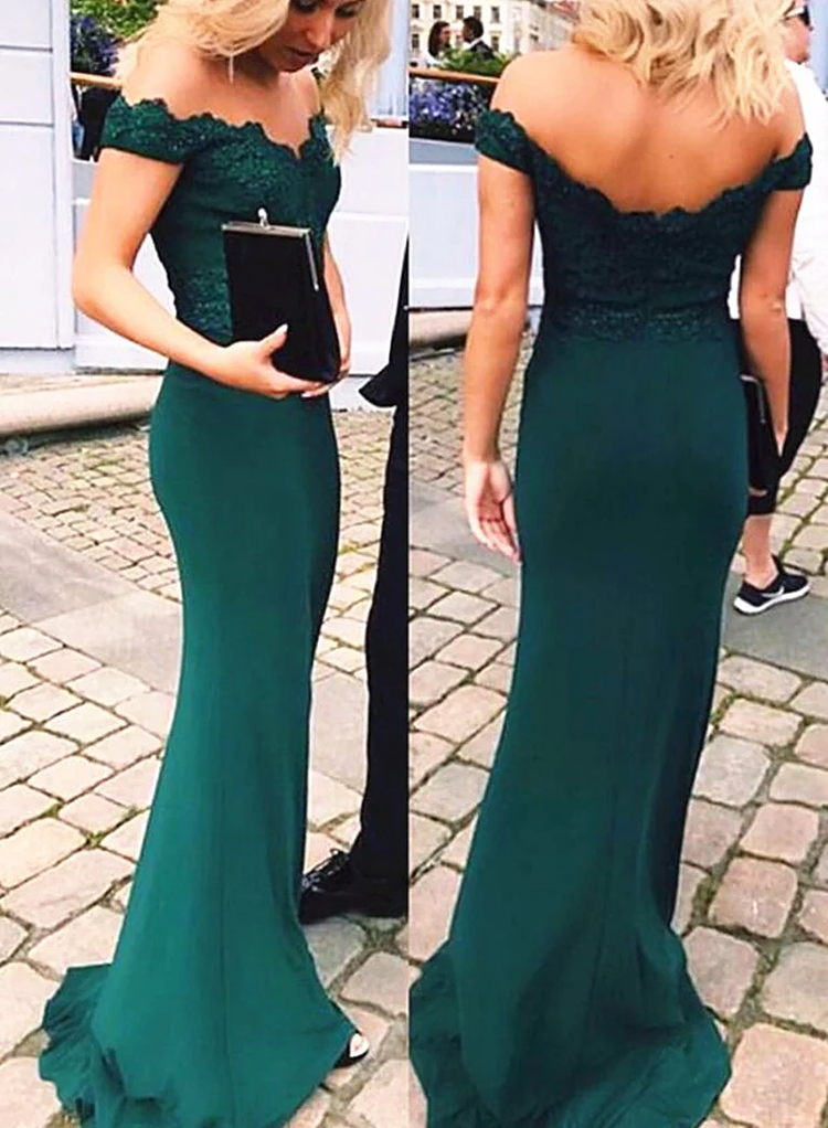 Hermoso vestido de fiesta de sirena con hombros descubiertos en color verde 