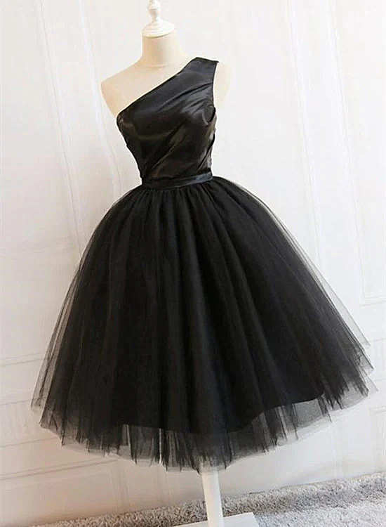 Black Tulle One Shoulder Elegant Tea Length Party Dress