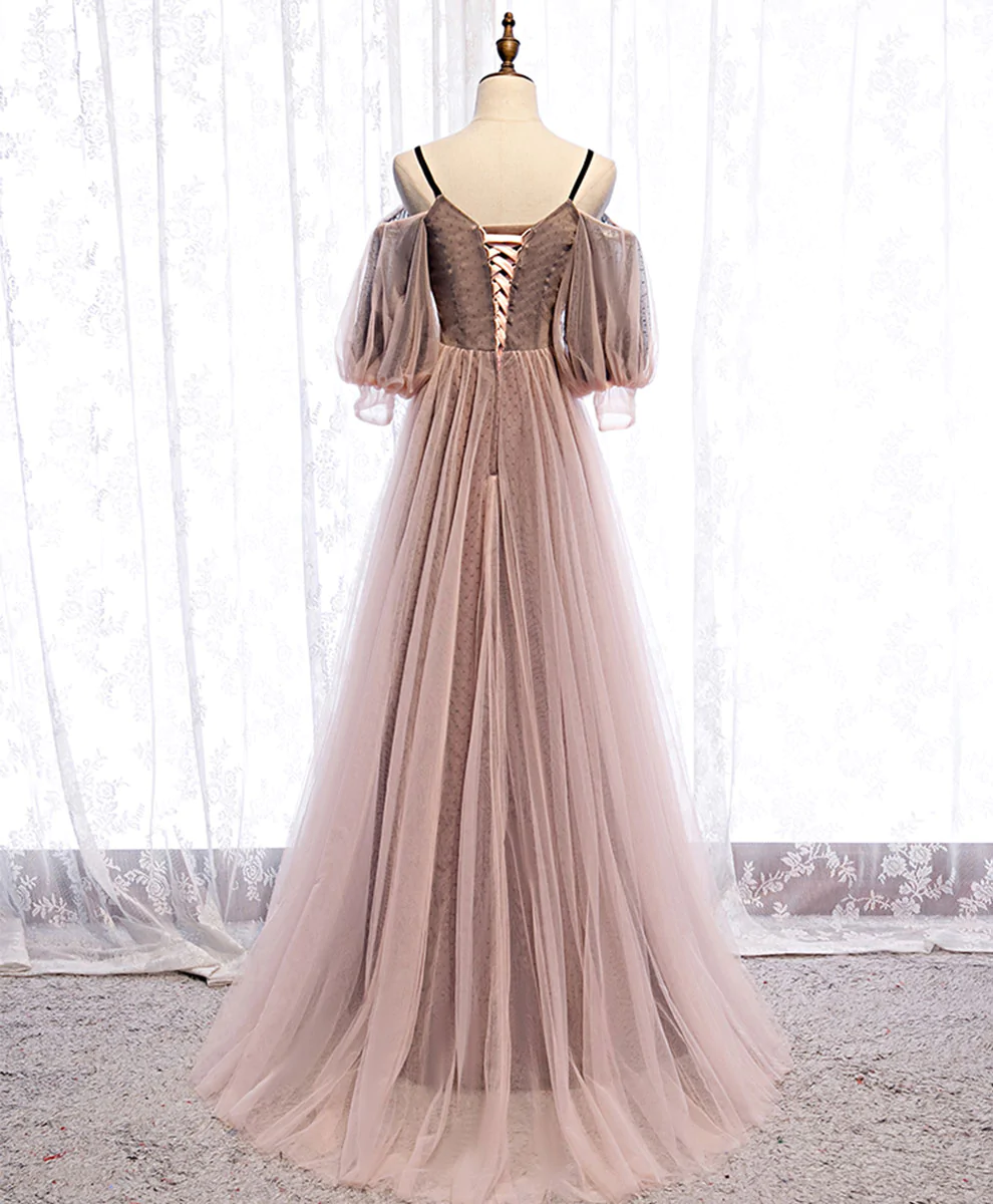 Long Sleeves Pink Tulle Long Party Dress with Lace