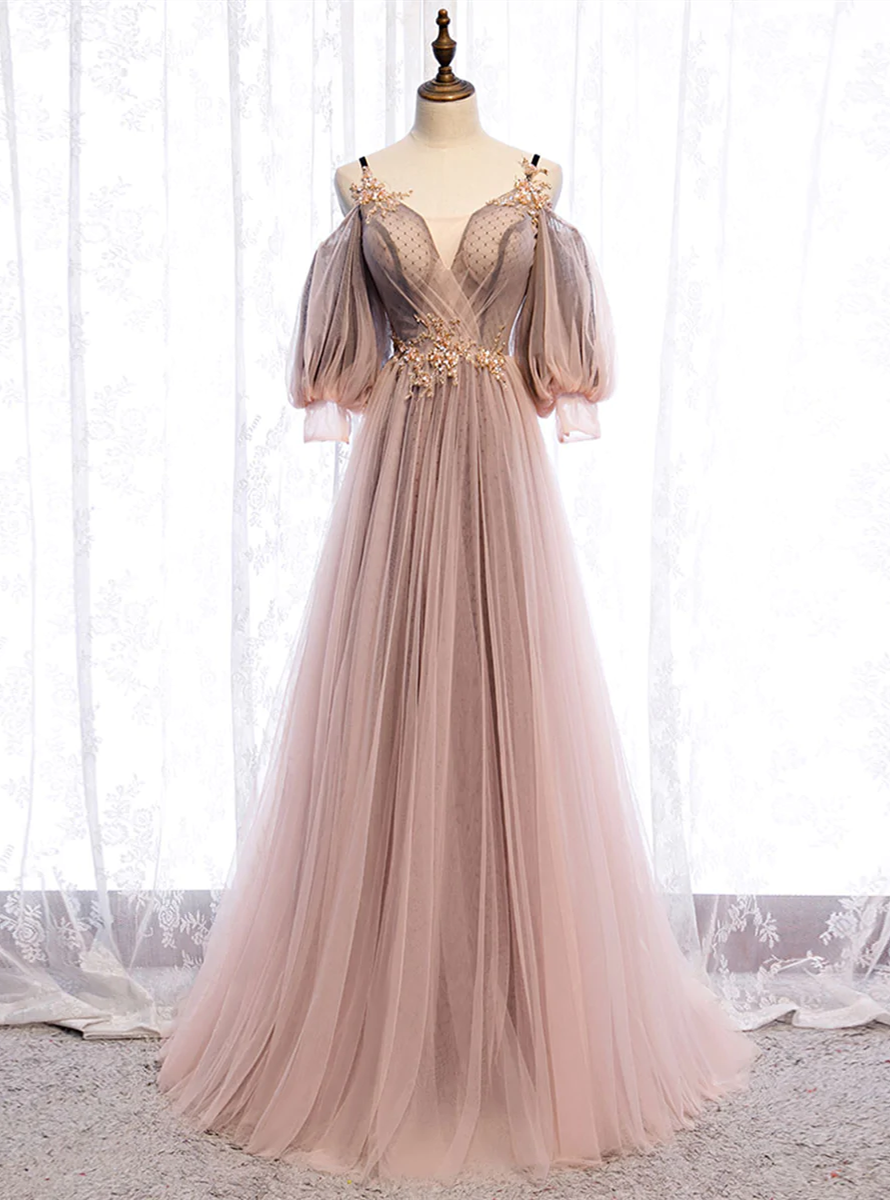 Long Sleeves Pink Tulle Long Party Dress with Lace