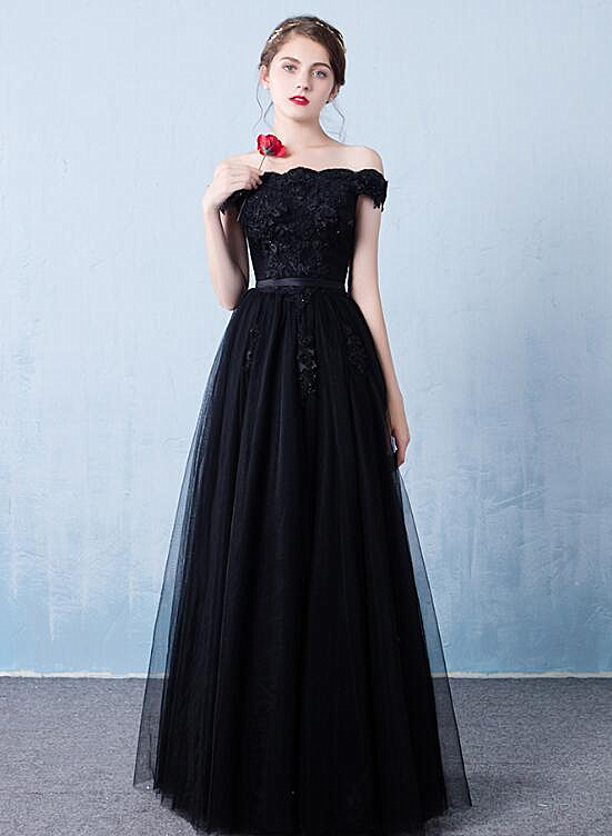 Black Off the Shoulder Tulle A-line Prom Dress