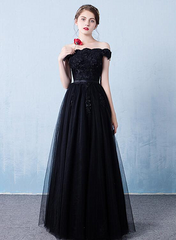 Black Off the Shoulder Tulle A-line Prom Dress