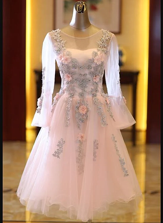 Adorable Pink Tulle Knee Length Long Sleeves Party Dress