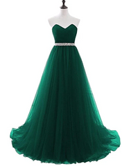 Simple Green Beaded Waist Tulle A-line Floor Length Party Dress