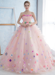 Vestido de fiesta de quinceañera con organza y flores rosas 