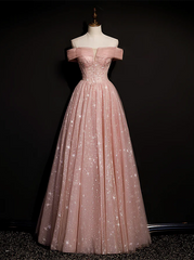 Vestido de fiesta largo de tul rosa con hombros descubiertos y corte A con cuentas 