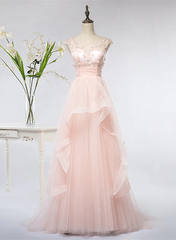 Pink Elegant Tulle A-line Floor Length Wedding Party Dresses