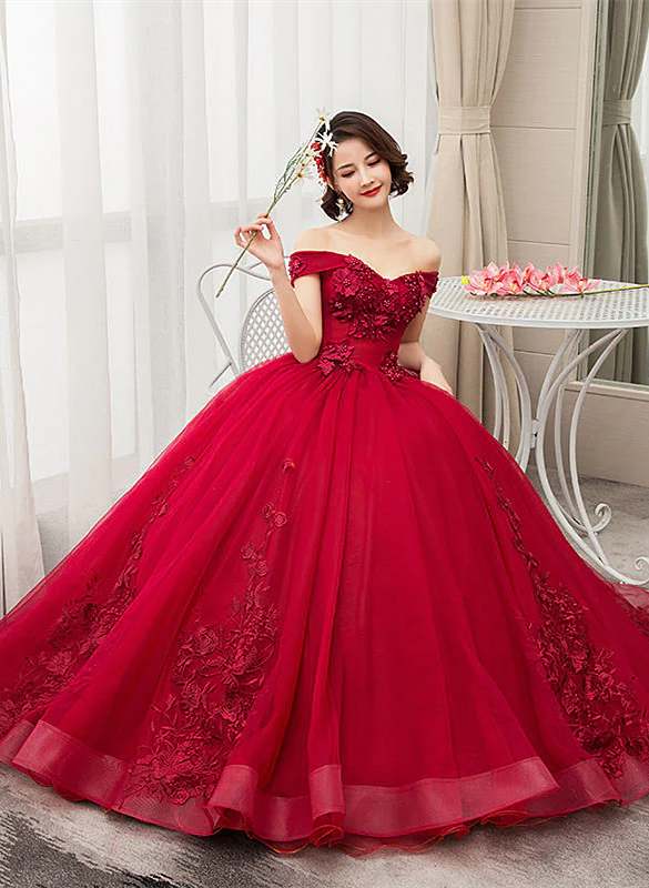 Vestido de quinceañera de encaje con hombros descubiertos en color rojo vino para fiesta de dulces 16 
