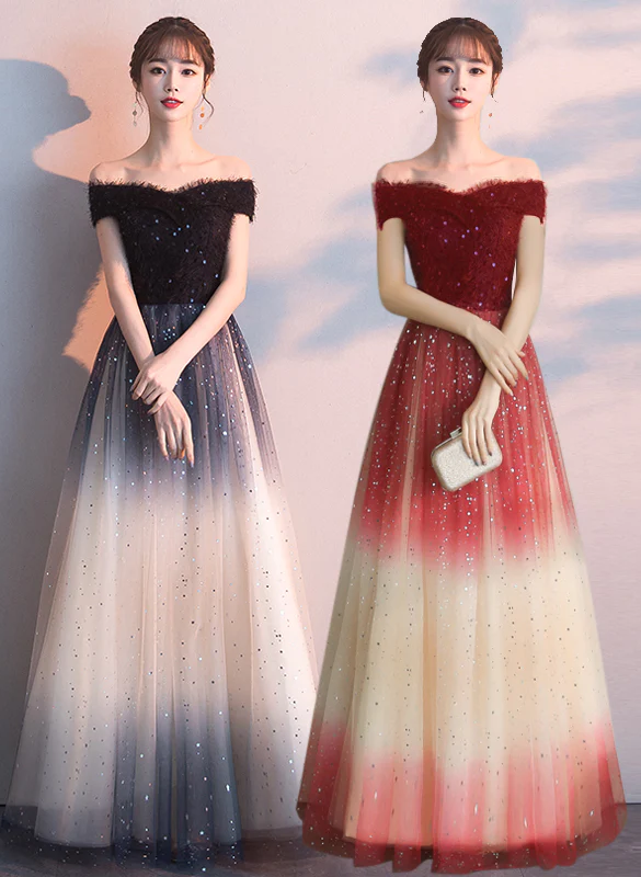 Beautiful Gradient Tulle Sequins Off Shoulder Wedding Party Dresses