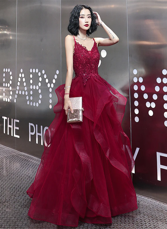 Wine Red Lace Applique V-neckline Long Straps Formal Dress