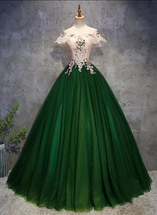 Vestido de fiesta de tul verde con encaje y hombros descubiertos para dulces 16 