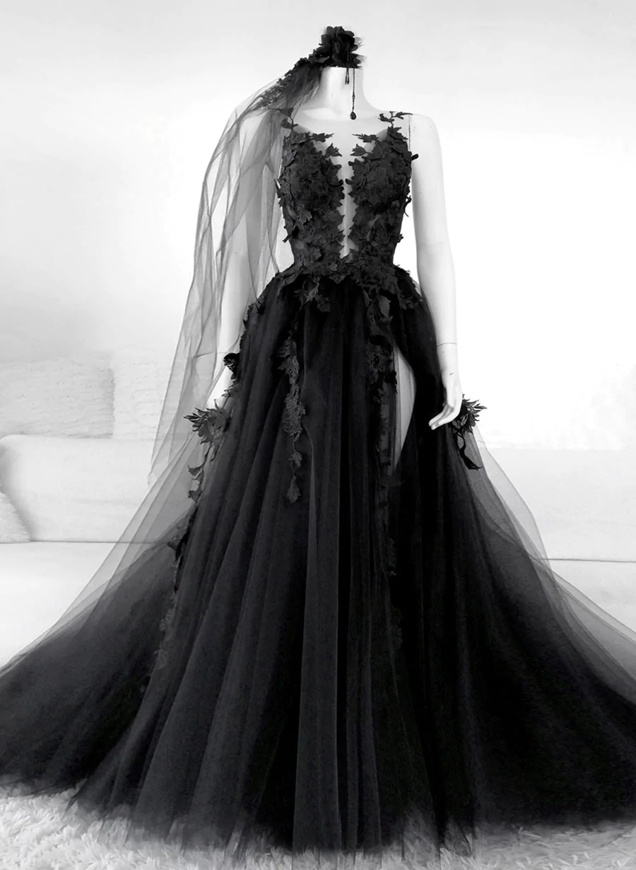 Black V-neckline Backless Tulle with Lace Party Dress