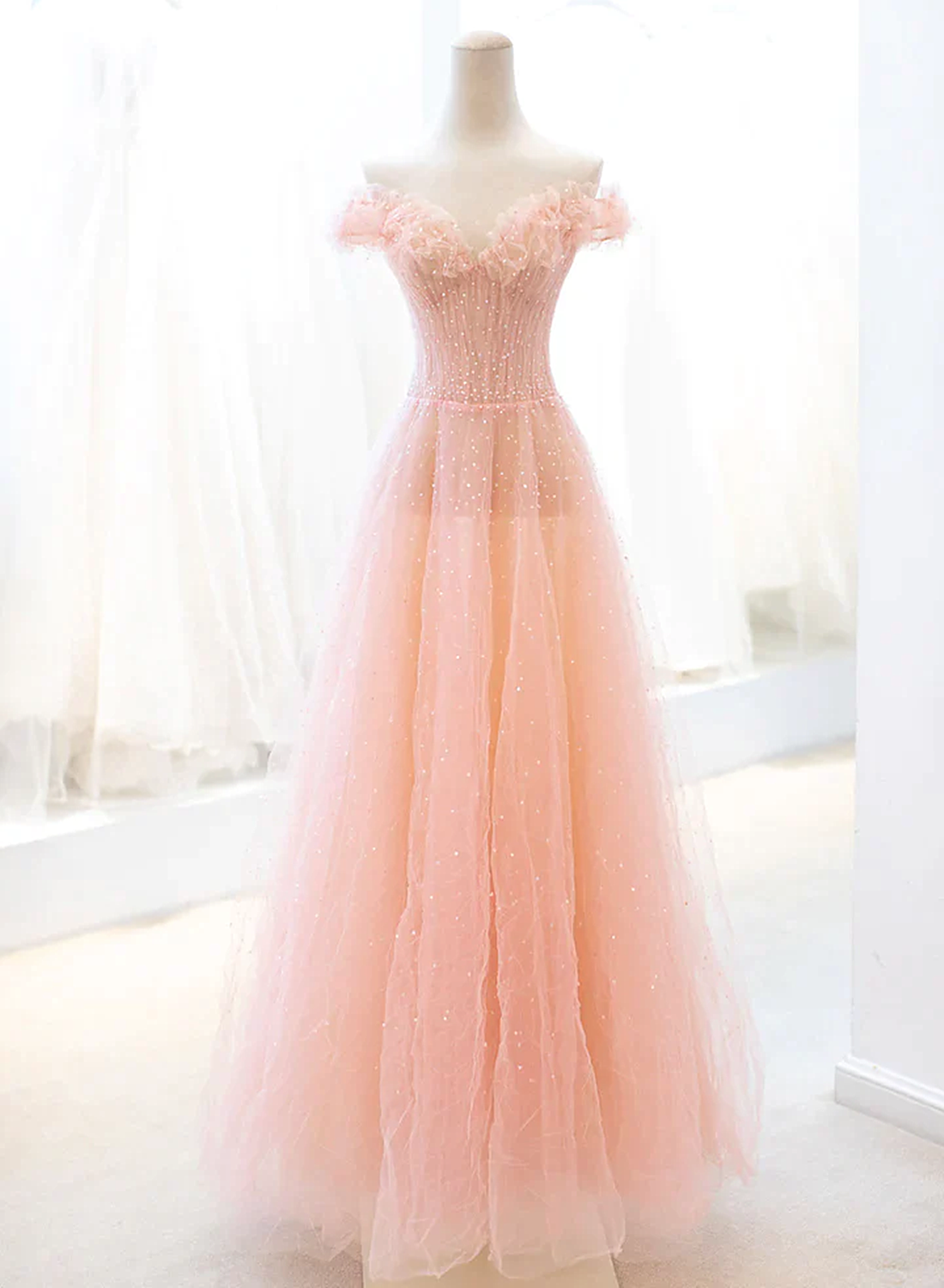 Pink Tulle A-line Long Prom Dress with Sequins