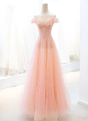 Pink Tulle A-line Long Prom Dress with Sequins