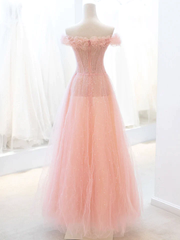Pink Tulle A-line Long Prom Dress with Sequins