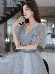 Light Grey A-line Tulle Long Evening Dress Prom Dress