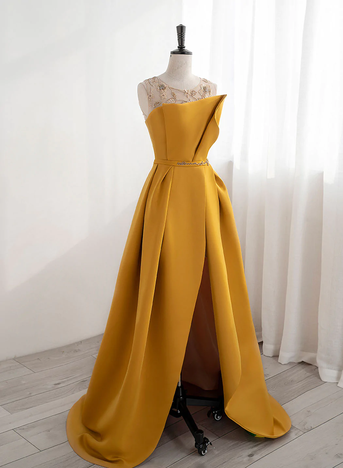 Yellow Satin Beaded Long Prom Dress with Leg Slit
