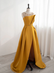 Yellow Satin Beaded Long Prom Dress with Leg Slit