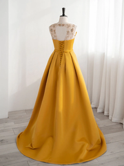 Yellow Satin Beaded Long Prom Dress with Leg Slit