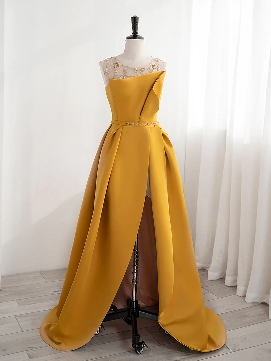 Yellow Satin Beaded Long Prom Dress with Leg Slit