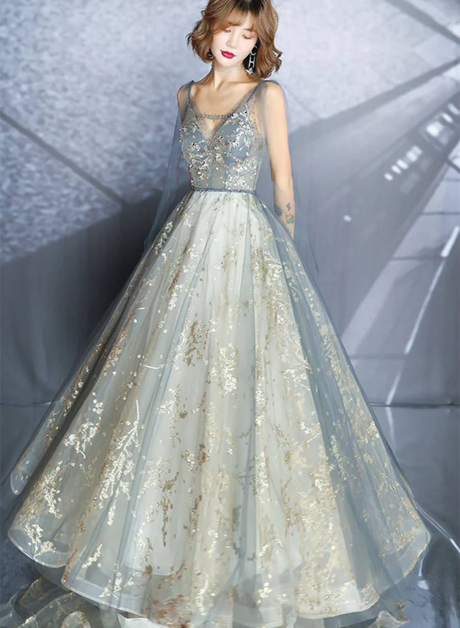 V-neckline Sexy Shiny Tulle A-line Long Prom Dress